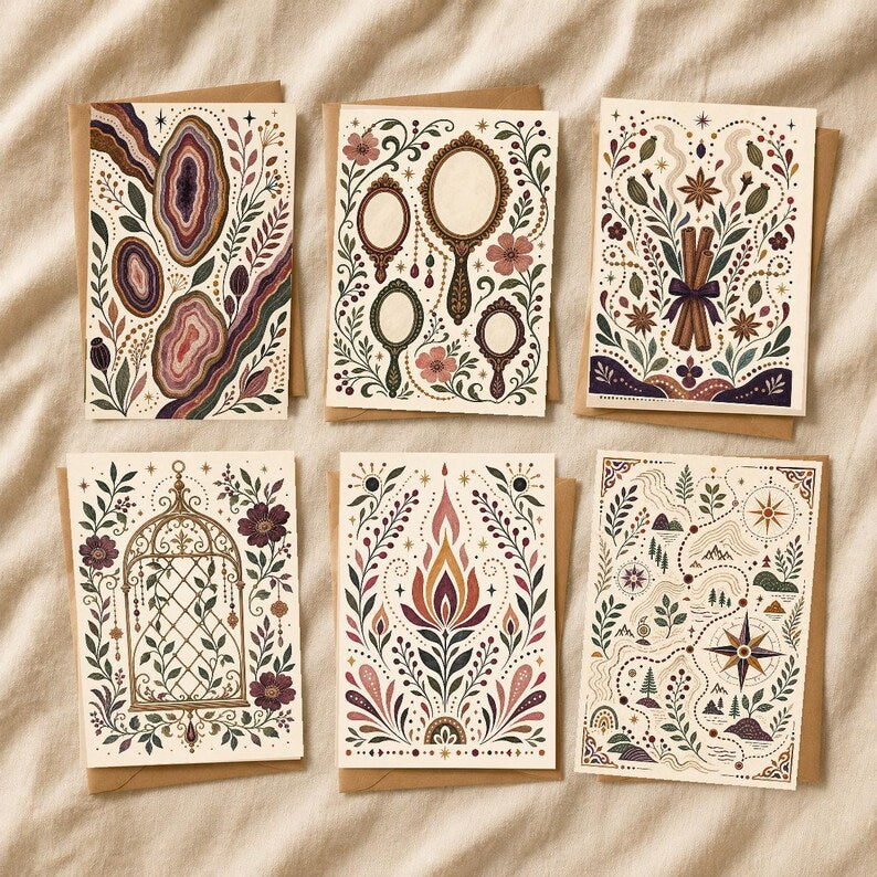Boho Greeting Card Set of 6 with Envelopes, Blank Desert Floral Sun Rainbow Cards