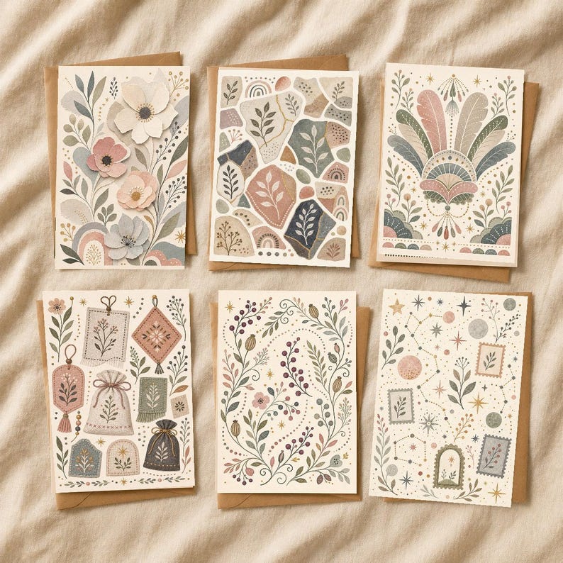 Boho Greeting Card Set of 6 with Envelopes, Blank Desert Floral Sun Rainbow Cards