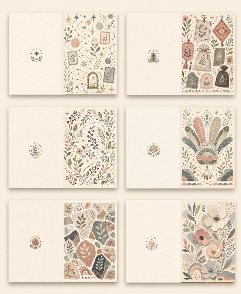 Boho Greeting Card Set of 6 with Envelopes, Blank Desert Floral Sun Rainbow Cards